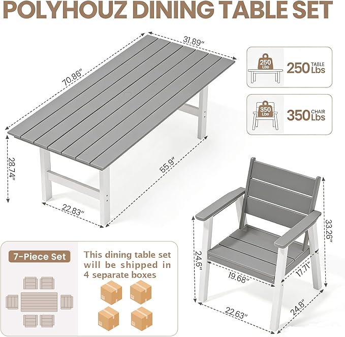 Outdoor Dining Set for 6, 7-Piece Patio Table and Chairs Set, HDPE Outdoor Dining Table and Chairs with Umbrella Hole, All-Weather Dining Furniture Set,White Grey