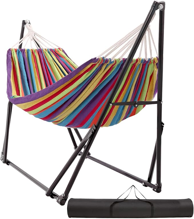 Portable Hammock with Stand for Outside Foldable,Frabic Tension Adjustable Indoor,Carrying Bag Included, 616 lbs Weight Capacity, Suitable Garden Yard Outdoor Inhouse Multicolour
