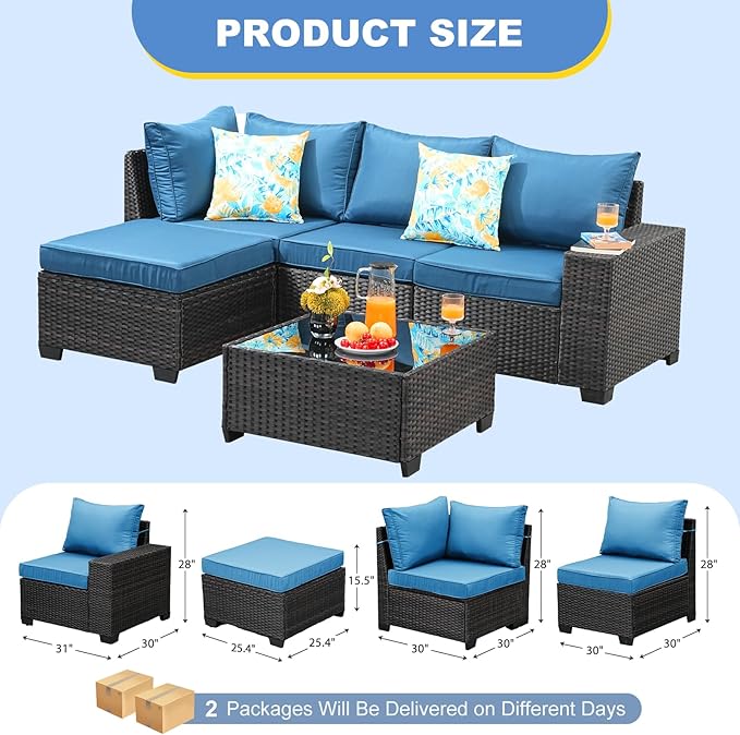 5 Pieces Outdoor Patio Furniture Set, Wicker Conversation Sets with Tea Table, Rattan Patio Sofa with Thick Cushions for Garden, Backyard, Poolside, Party, Peacock