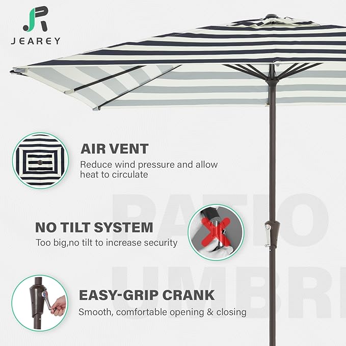 JEAREY 8x10 ft Rectangular Patio Umbrellas Outdoor Table Market Umbrella w/Crank, 8 Sturdy Ribs, UV Protection Windproof Sunproof for Garden, Deck, Backyard, Pool(Beige & Black Striped)