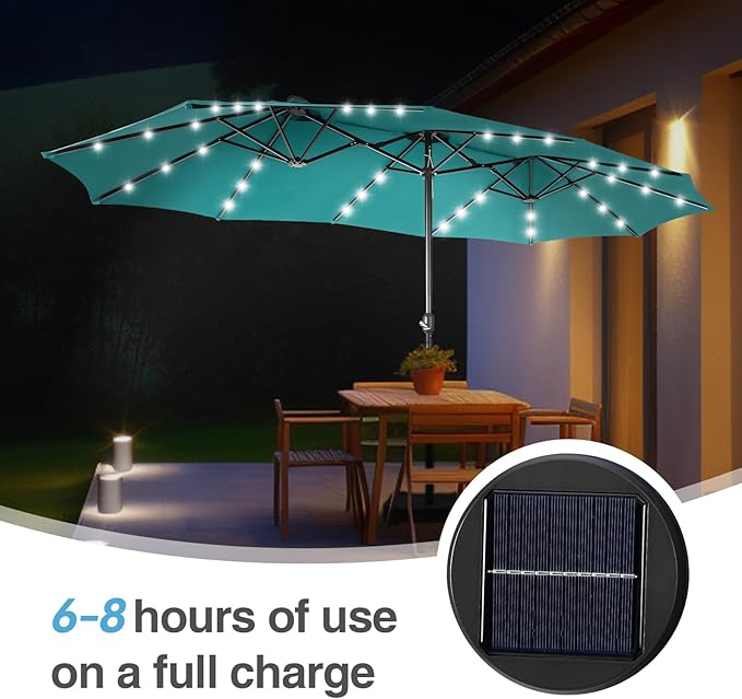 GREEN PARTY 15 ft Large Outdoor Patio Umbrella with Solar Led Lights & Base Included, Double-Sided Rectangular Table Umbrella with Stand, Market Umbrellas for Deck Poolside Garden Backyard, Turquoise