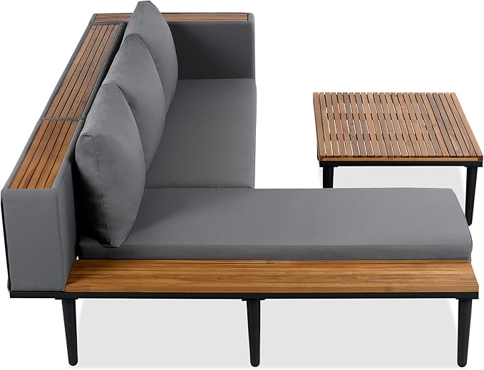 Luxury Outdoor Patio Furniture Set, L-Shaped Acacia Wood Sectional Sofa with Side Table, All-Weather Conversation Set with Removable Cushions and Coffee Table for Backyard Porch (Gray-4.20)