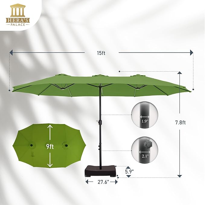 HERA'S PALACE Umbrella Patio Outdoor with Base 15ft Rectangle Heavy Duty Table Double Market Umbrellas Clearance Large Included Stand for Deck Outside Pool Picnic Inground Yard Commercial, Lime