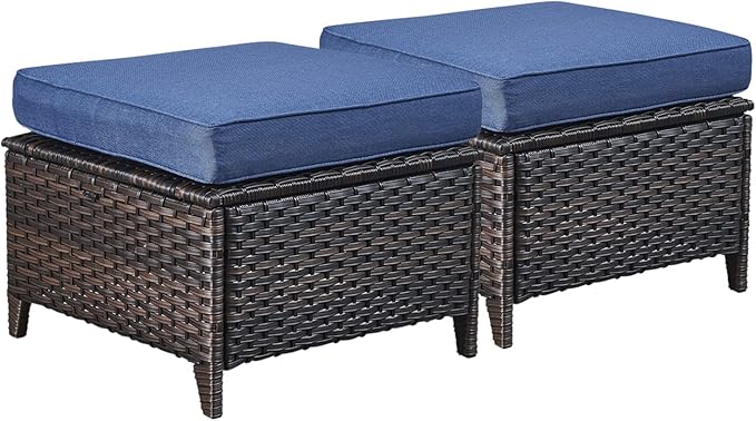Rilyson Outdoor Ottoman Wicker Patio Ottomans - 2 Piece Footrest Footstools Set Rattan Outdoor Ottomans for Patio with Thick Cushions(Brown/Blue)