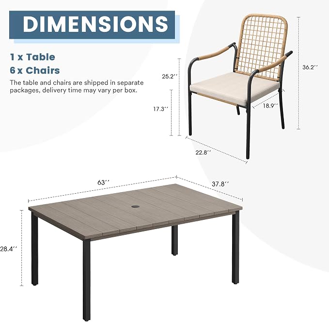 DIFY 7 Pieces Outdoor Dining Set, Metal Patio Table and Chairs Set for 6, 63" Rectangle Dining Table with Umbrella Hole & Wicker Stackable Patio Chairs with Cushions, Grey Wood-Like Tabletop