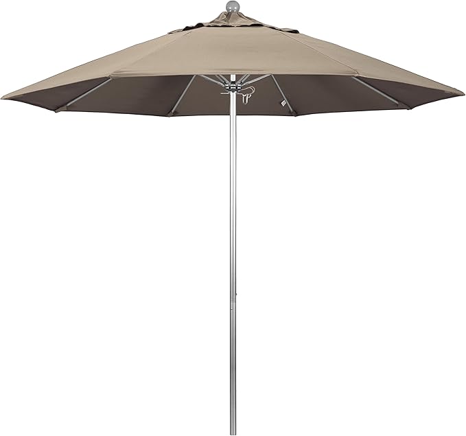 California Umbrella 9' Rd. Venture Series Contract Grade Patio Umbrella, Push Open Pin Stop, Silver Finish, Sunbrella Taupe