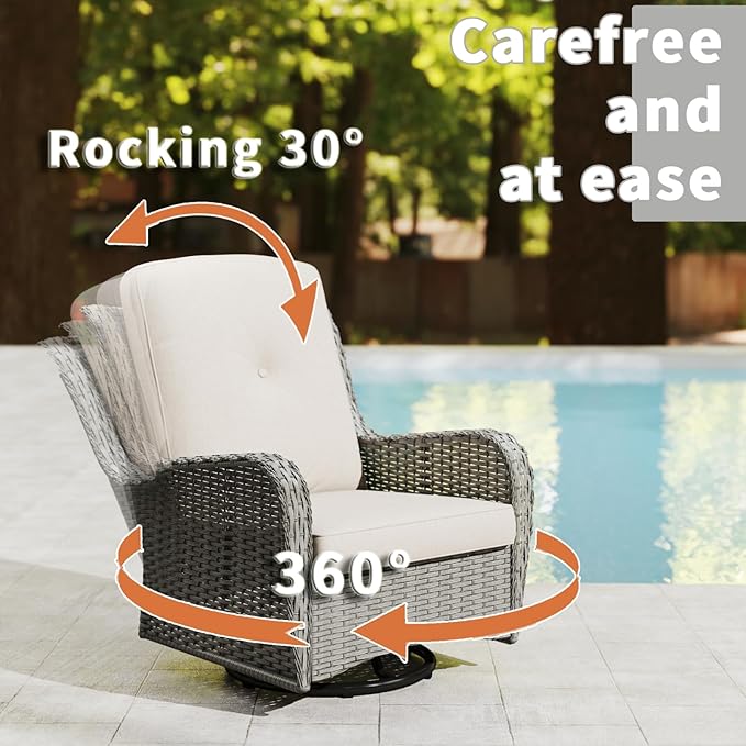 Kinsuite 7 PCS Patio Furniture Set, Outdoor Conversation Sets with Swivel Chairs & Ottomans, All-Weather Gray Wicker Sectional Sofa with Thicken Cushions for Garden, Lawn, Deck, Backyard, Khaki