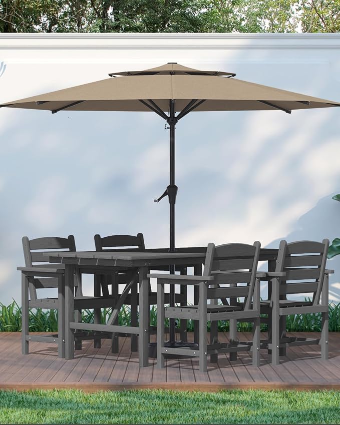 PLUUV 66" Outdoor Dining Table, All-Weather HDPE Rectangular Patio Table with 2” Umbrella Hole, Weatherproof, Grey