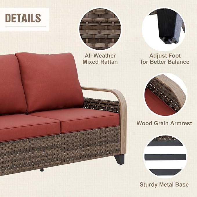 Modern Wicker Patio Furniture Set, Rattan Outdoor Conversation Set， 2 Patio Chairs, 2 Swivel Rocking Chairs, 3 Seat Couch, Loveseat, Coffee Table and Side Table, 8 Pieces, Brown/Red