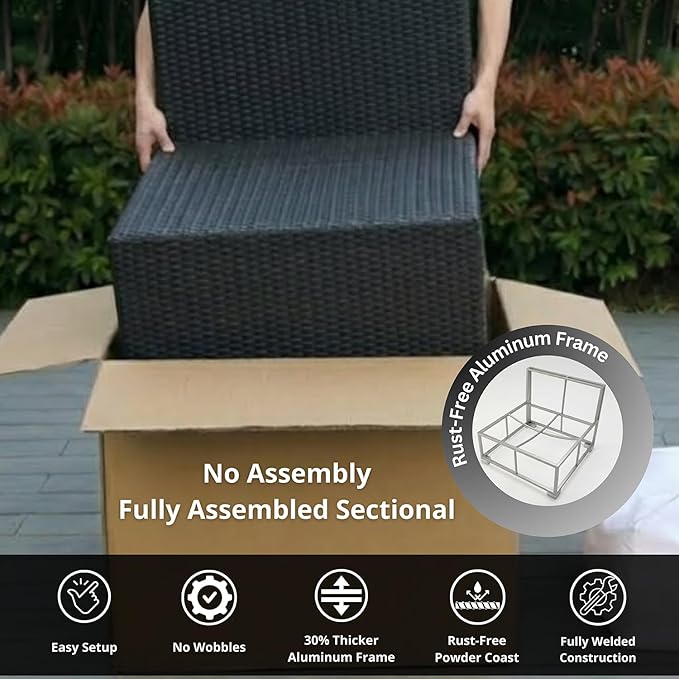 Fully Assembled 11 Piece Outdoor Aluminum Wicker Patio Furniture with 6-inch Sunbrella Beige Rainshield Water Proof Cushions, Oversized Seats and 42-inch Fire Table