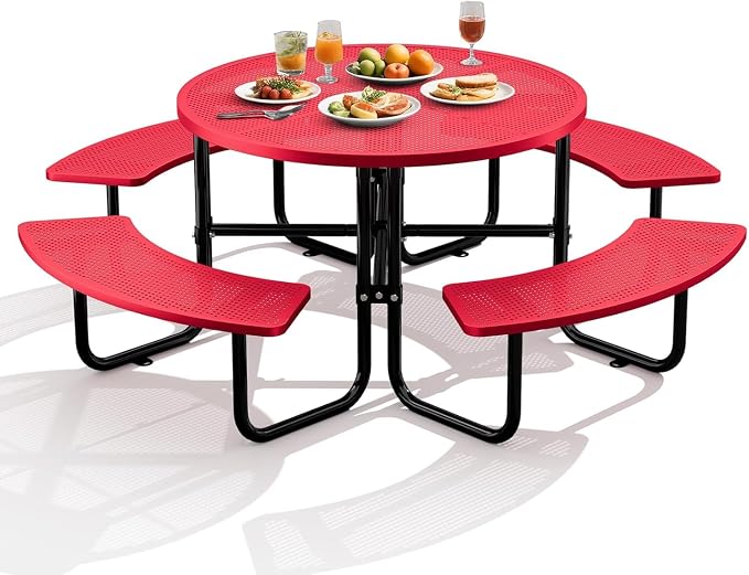 46" Coated Round Metal Picnic Table for 4-8 Person, Durable Heavy Duty Commercial Picnic Table with Umbrella Hole for Outdoor Coffee Shop, School, Easy to Install, Red