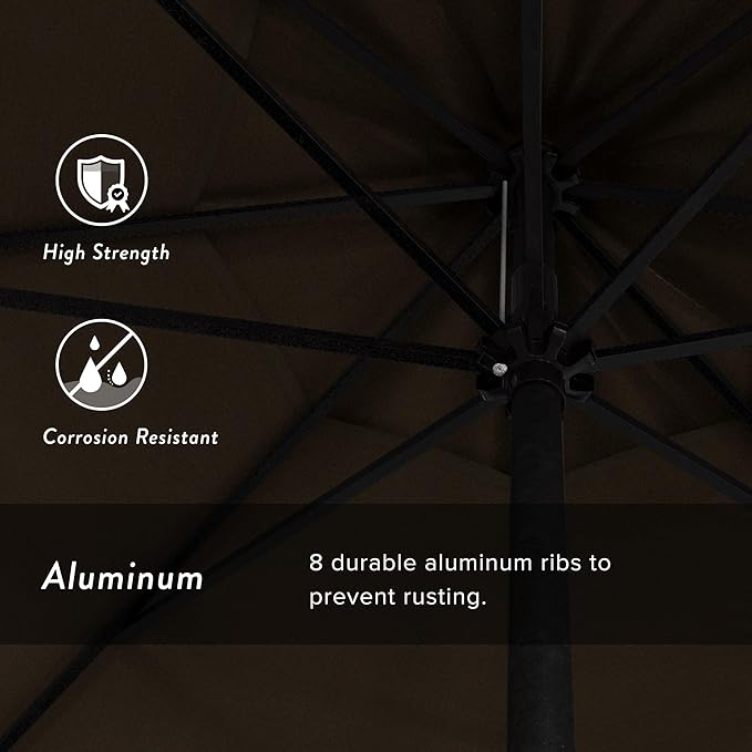 California Umbrella 12-Year Protection 9' Rd Aluminum Patio Umbrella, Crank Lift, Auto Tilt, Black Finish, Sunbrella Cocoa