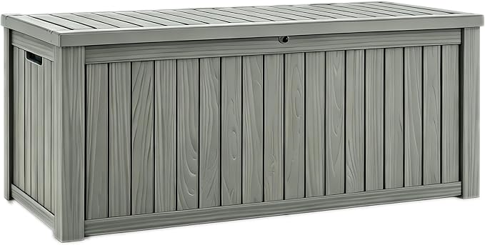 Fancyango 200 Gallon Outdoor Deck Box Waterproof, Large Storage Box for Patio, Resin Storage Bench Lockable for Garden Tools, Package Delivery, Grey