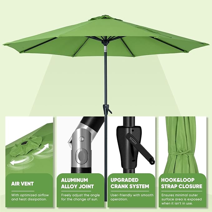 Tempera Patio Market Outdoor Table Umbrella with Push Button Tilt and Crank, Large Sun Umbrella with Sturdy Pole & Fade Resistant Canopy, Easy to Set
