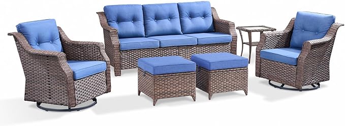 Outdoor Swivel Rocking Chair Set (6-Piece), Rocking Chair with Sofa and Coffee Table Set, Crafted from PE Rattan with an Elegant Side Table, Ideal for Gardens and Patios, Brown/Blue