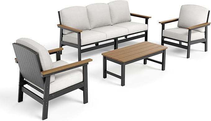4-Piece HDPE Outdoor Patio Conversation Set, All-Weather Wicker Patio Furniture Set, Waterproof & UV-Resistant, Thick Cushions for Backyard, Deck, Garden, Porch, Balcony - Beige
