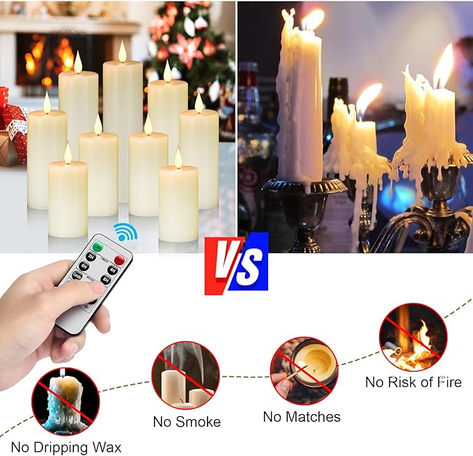 Hanzim Flameless Flickering Battery Operated Candles 9PACK Real Wax Pillar LED Candles with 10-Key Remote Control and 24 Hours Timer for Wedding, Party, Home Decoration (Ivory)