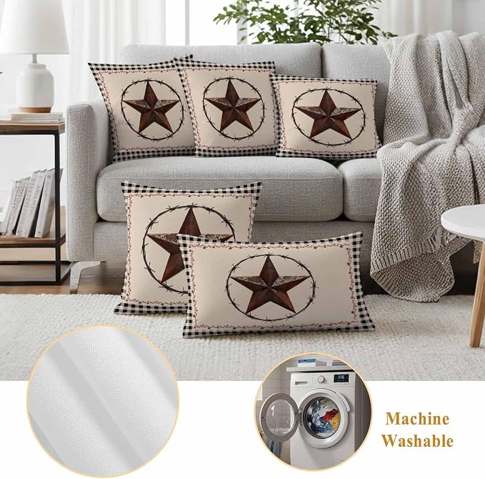 American Country Outdoor Waterproof Throw Pillow Covers Set of 2, 20"x12", Star Farmhouse Beige Black Buffalo Plaid Decorative Pillow Covers Outside Cushion Case for Patio Porch Garden