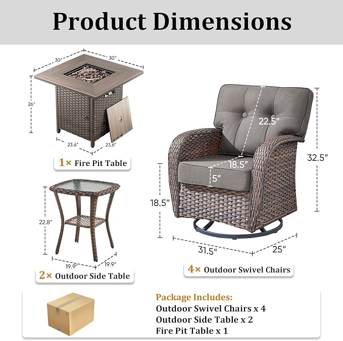 7 Piece Outdoor Patio Furniture Set with 30" Fire Pit Table,Conversation Sectional Wicker Couch with Swivel Chairs,Modern Outside Sofa for Balcony Backyard, Brown/Grey