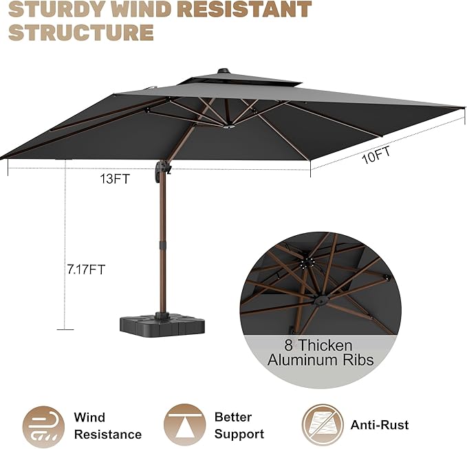 10x13FT Cantilever Outdoor Patio Umbrellas with Base, Double Top Wood Pattern Rectangle Umbrella, Heavy Duty 360°Rotation Offset Umbrella for Garden Deck Pool Patio, Grey