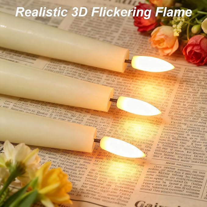 GenSwin Rechargeable Flameless Taper Candles, 3 Pack Ivory LED Taper Candles Battery Operated with Remote Timer, Real Wax Flameless Candlesticks for Christmas Holiday Home Decor