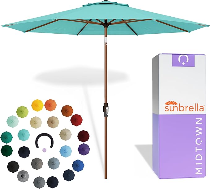 Midtown Umbrellas Wooden 2-8 Ft Patio Umbrella with 360° Swivel & Tilt Mechanism, 8 Fiberglass Ribs & Sunbrella Fabric - Outdoor Umbrella for Deck, Pool & Garden - Burgundy Canopy, Wooden Pole