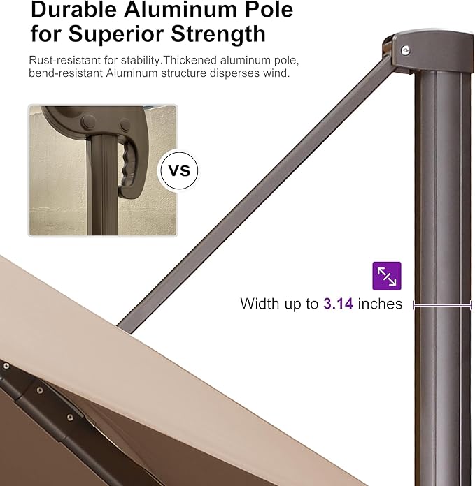 PURPLE LEAF 10' X 13' Patio Cantilever Umbrella Rectangle Umbrella Outdoor with Aluminum Offset Antique Bronze Hanging and 360° Rotation for Pool Garden Deck Patio, Beige