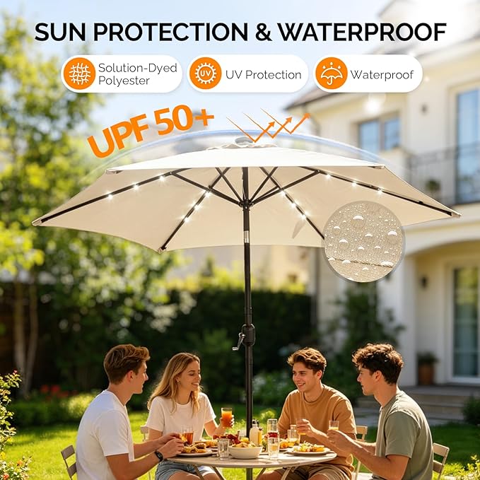 VINGLI 9FT Patio Umbrella with Solar Lights, Outdoor Umbrella with Push Button Tilt and Crank, Umbrella Outdoor Patio for Patio, Deck, Backyard, Pool