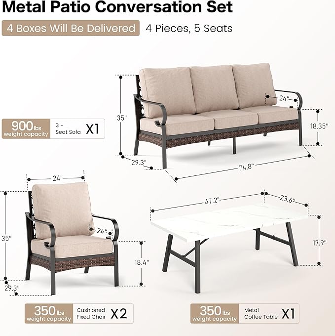 4 Piece Metal Outdoor Patio Furniture Set, Patio Conversation Sets 1 3-Seater Sofa, 2 Chairs with 5.75" Extra Thick Cushion and Coffee Table, Black Frame Backyard Furniture, Beige