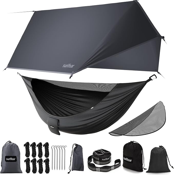 Sunyear Camping Hammock with Rain Fly and Removable No See-Um Net - Outdoor Hammock Accessories-Hammock Tent for Outside-Keep Side Wind&Rain-Large and Heavy Duty