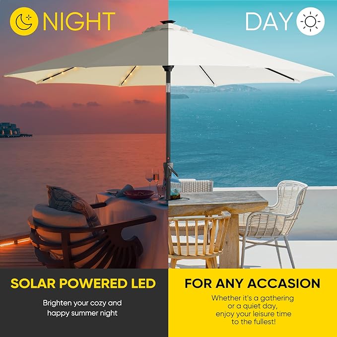 Tempera Solar Patio Umbrella 40 LED Lighted Outdoor Umbrella Table Market Umbrella with Push Button Tilt and Crank, Solar Umbrella with Sturdy Pole&Fade Resistant Canopy, Easy to Set
