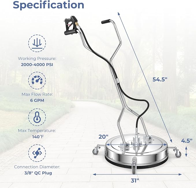 COSTWAY 20" Pressure Washer Surface Cleaner, Stainless Steel Power Cleaner Attachment with Casters, Dual Handles, 3/8'' Quick-Connect, Replacement Nozzle Cores & 2 Hose Adapters, 4000 PSI