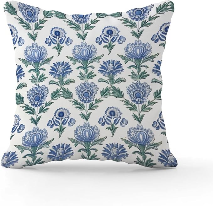 Mughal Flower Pillowcase Blue Lotus Floral Cushion Cases 22x22 INRetro Accent Throw Pillow Covers Farmhouse Decorative for Patio Garden Sofa Chairs