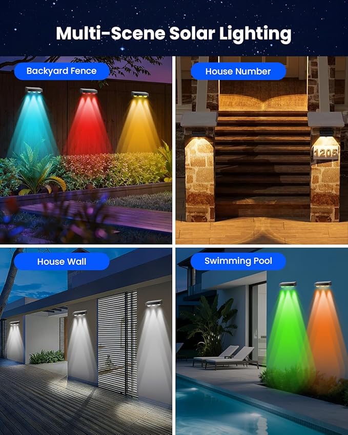 Solar Fence Lights Outdoor Waterproof 3000/5000K/RGB 12 Modes, 8 Pack 60LM Brighter 3 LED Spot Lens Deck Lights Solar Powered Wall Lighting Decor for Outside Step Porch Patio Yard Railing Pool