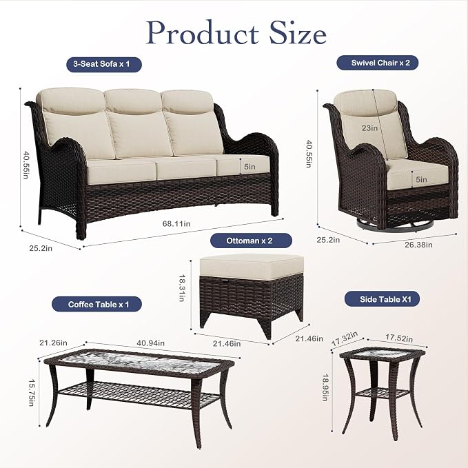 7 Pieces Outdoor Patio Furniture Set with 5" Thick Cushions, Weather-Resistant Wicker High Back Swivel Rocker Chairs, Patio Conversation Set for Outside Porch Deck Garden，Beige