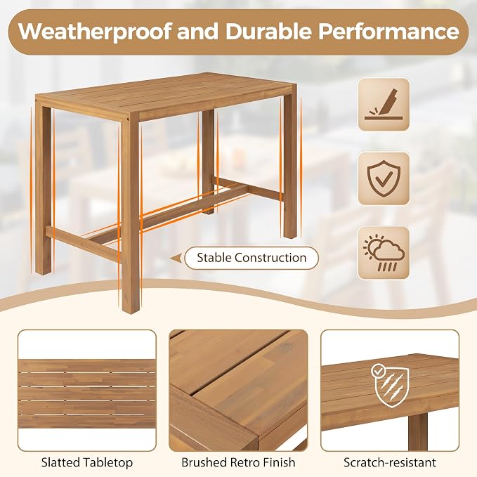 5-Piece Outdoor Patio Counter Height Dining Set, Acacia Wood Bar Table and Ergonomic Chairs with Removable Cushion, All-Weather Bistro Set Conversation Set with Slatted Tabletop (Light Teak-2.10)