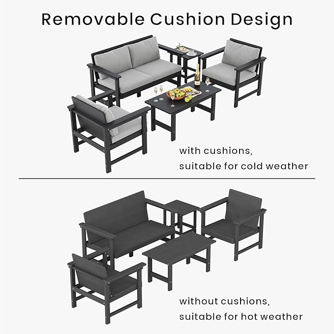 5-Piece Patio Conversation Sets, Weatherproof HDPE Sectional Furniture Set with Cushions, Outdoor Sofa Set for for Porch, Balcony, Deck, Lawn (Black)