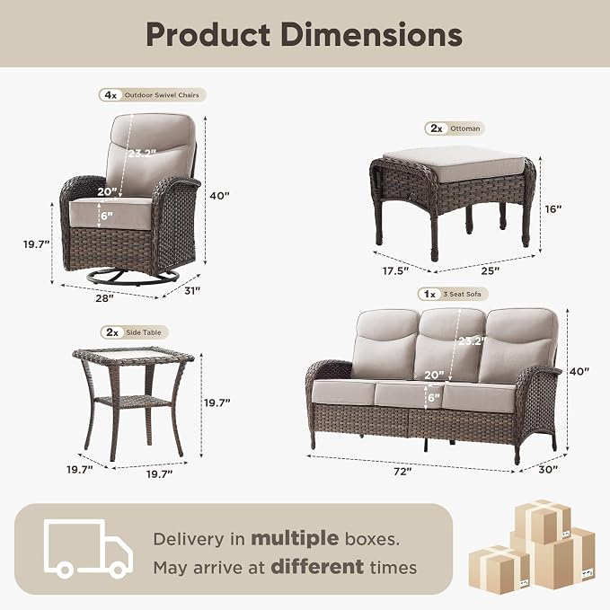 9-Piece Patio Furniture Set with Upgraded 6" Thick Cushion - High Back Outdoor Swivel Rocker Chairs Set of 2 with 3-Seater Sofa,Ottomans,Wicker Outdoor Conversation Set for Deck, Porch, Yard, Poolside