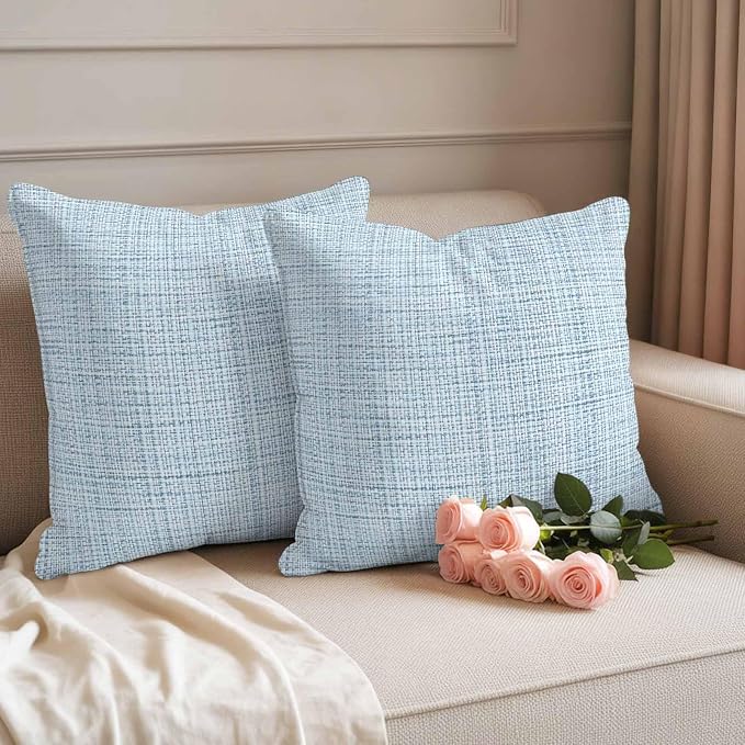 Outdoor Waterproof Throw Pillow Covers Set of 2 Blue Linen Texture Pillowcases 20x20 Inches Solid Color Decorative Pillows Cushion Case Patio Pillows for Couch Bed Chair Garden