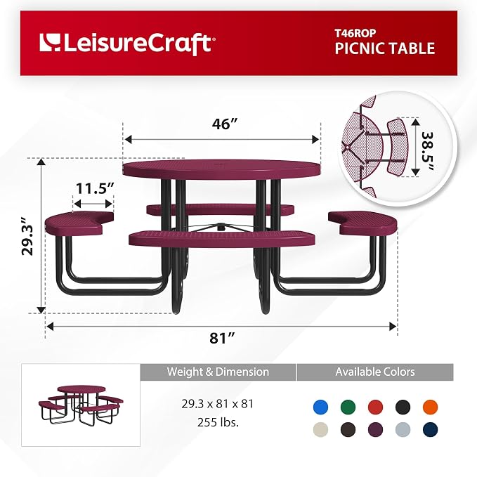 Leisure Craft Metal Picnic Table with Bench - 46" Round Outdoor Dining Table for 8 with Umbrella Hole, Weatherproof Heavy Duty Thermoplastic Coating, Commercial Grade Furniture Made in USA - Burgundy