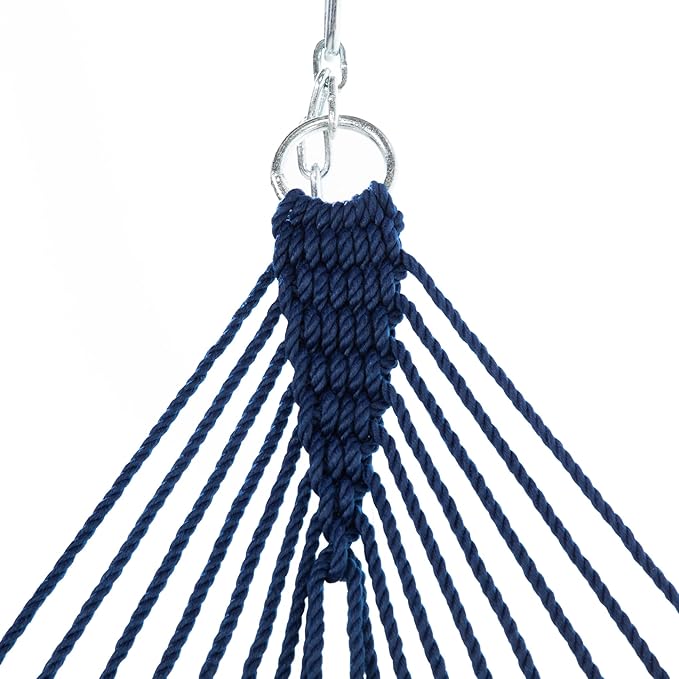 Nags Head Hammocks First Mate Navy DuraCord Rope Hammock – 12 ft. x 50 in., 450 lb Capacity, Cumaru Spreader Bar, Galvanized Hardware, Handcrafted in USA, Free Chains & Tree Hooks