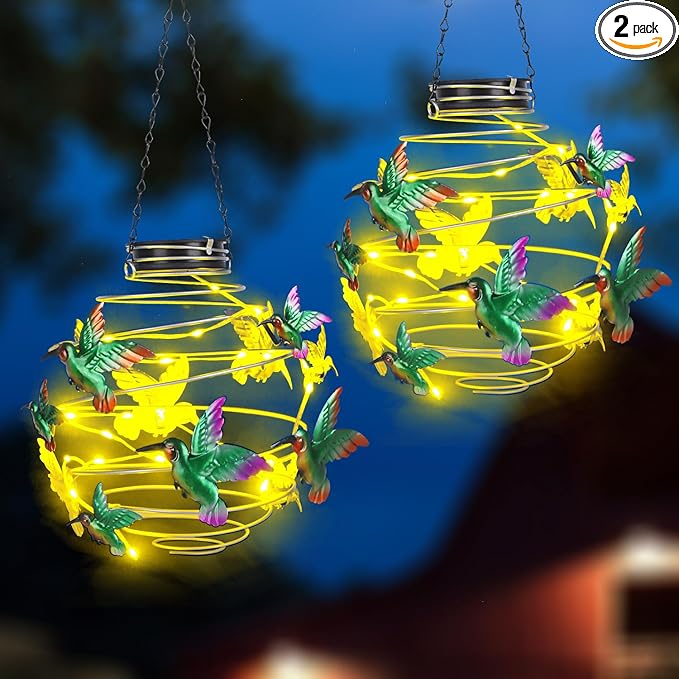 2 Pack Hummingbird Solar Lights Outdoor Hanging Lantern with Handle, Solar Powered Hummingbird Garden Decor for Outside Patio Yard Porch Pathway Hummingbird Gifts for Women (Warm White LED Lights)