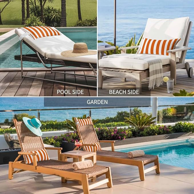 Burnt Orange Striped Outdoor Chaise Lounge Head Pillow with Insert,Thanksgiving Orange White Stripes Waterproof Headrest Lumbar Pillow Cusion Cover with Elastic Strap for Patio Recliner,11"x16" 1PCS