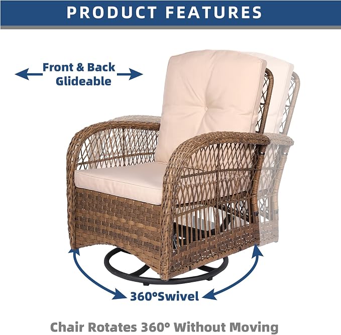 3-Piece Patio Wicker Conversation Bistro Set, Rattan Gliding Rocking Swivel Chairs with Cushion and Glass Top Side Table Outdoor Furniture Sets for Garden Backyard, Light Brown