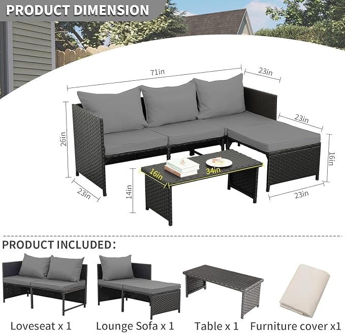 3-Piece Outdoor PE Rattan Furniture Set Patio Black Wicker Conversation Loveseat Sofa Sectional Couch Turquoise Cushion(Green)