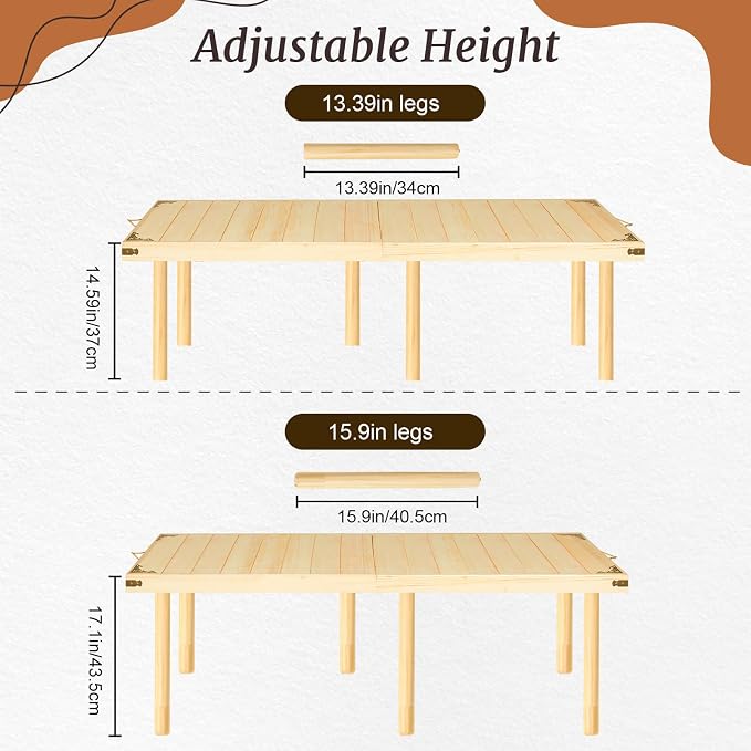 Boho Folding Picnic Table with Table Runner, 59.4" x 28.3" Wooden Low Portable Table with Carrying Handle, 2 Height Settings 14.6/17 Inches for Beach Camping BBQs