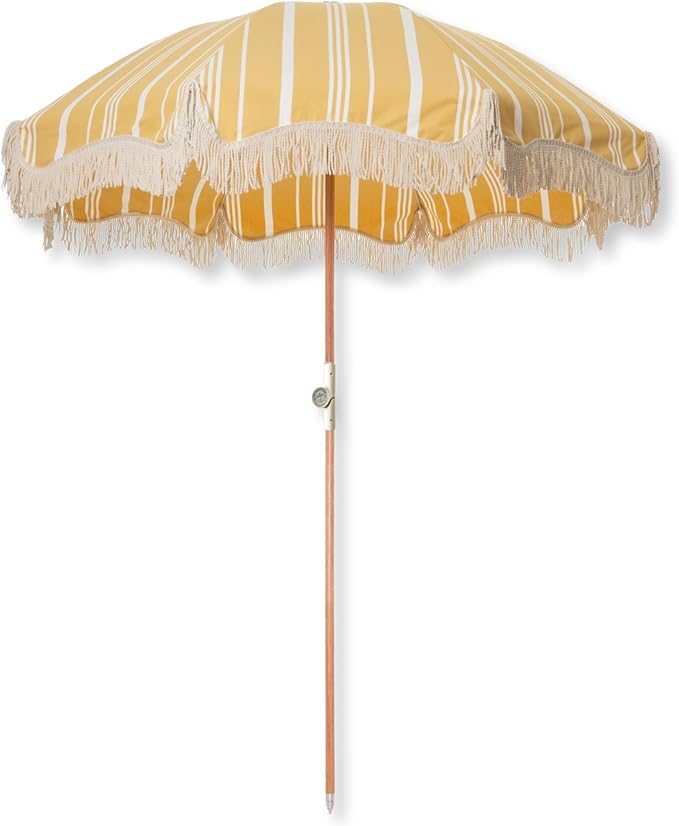 Beach Umbrella for Sand with Fringe Luxury Boho Outdoor Umbrella for Beach, Pool, or Garden, UPF 50+ Wood Shaft Fiberglass Fittings, metal screw tip Round with Carry Bag