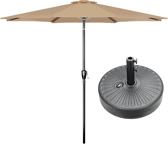 HealSmart 9' Patio Table Umbrella with Button Tilt, 8 Sturdy Ribs, 50lbs Base Stand Included, for Garden, Backyard, Deck, Pool, Tan