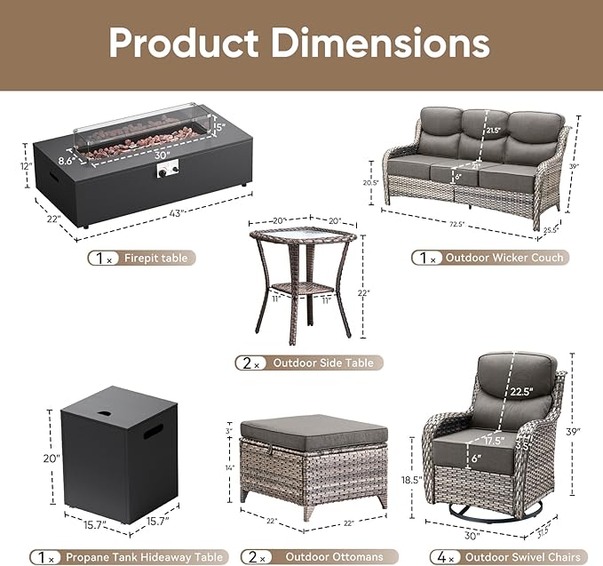 HUMMUH Luxury Patio Furniture Set 6-inch Thick Cushions High Back Swivel Rocker Chairs & 3 Seater-Couch & Steel Fire Pit Table 11 Pieces Outdoor Conversation Set for Porch,Deck,Backyard