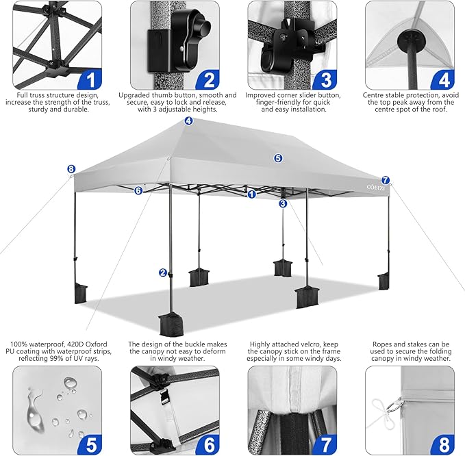 COBIZI 10x20 Pop up Canopy Tent Heavy Duty, Easy Set-up Commercial Outdoor Party Tent, 100% Waterproof Wedding Tents Gazebo, 3 Height Adjustable with Wheeled Bag, Clean White